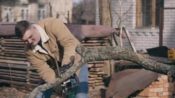 Young Man His House Frees Area Fallen Branches Chainsaw — Video Stock