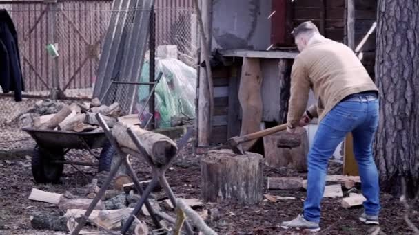 Process Chopping Firewood Guy Casual Clothes Using Cleaver — 图库视频影像