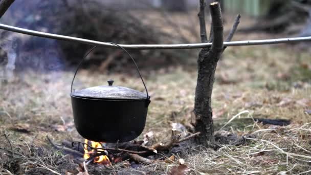Slow Motion Video Cooking Cast Iron Cauldron Fire Forest Setting — Stock Video