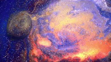 Parlak mavi arkaplanda kırmızı ışıklandırmalı parlayan parçacıklar