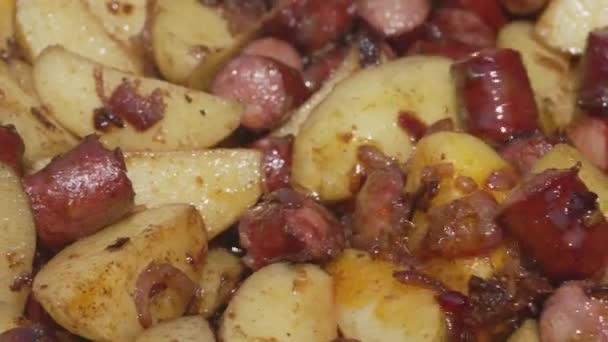 Close Fried Potatoes Sausages — Stock Video