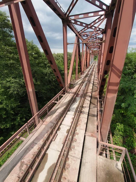 Железнодорожные Рельсы Растянувшиеся Вдаль Движущиеся Вдоль Моста Густой Летней Растительности Лицензионные Стоковые Изображения