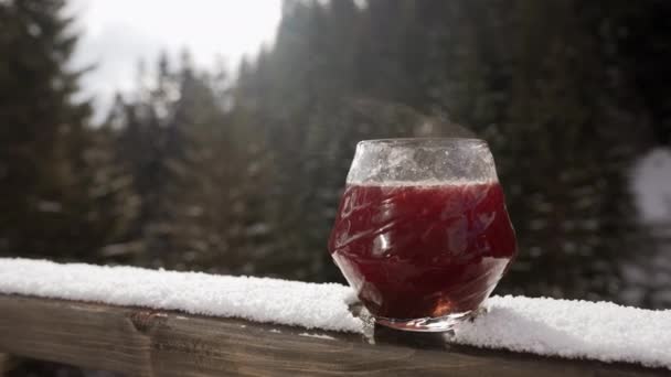 在一个阳光明媚的冬日 在雪地覆盖的栏杆上 一杯带着蒸汽的覆膜葡萄酒 — 图库视频影像