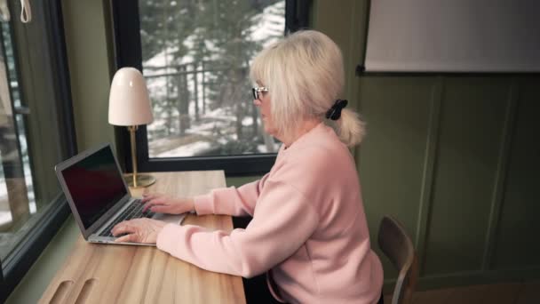 在冬季大雪的日子里 家里的一个房间里 一个女人拿着笔记本电脑在桌旁工作 — 图库视频影像
