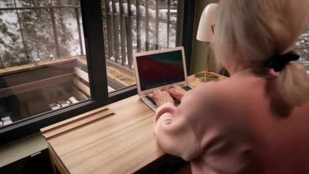 Kobieta Średnim Wieku Pracuje Laptopie Swoim Biurze Śnieżny Dzień Zewnątrz — Wideo stockowe