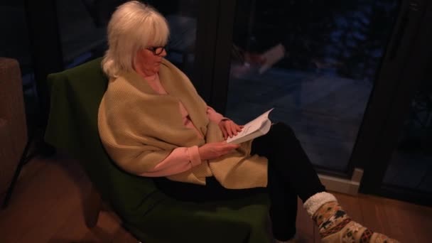 在有壁炉的客厅里 一个冬末的夜晚 一个女人在看书 — 图库视频影像