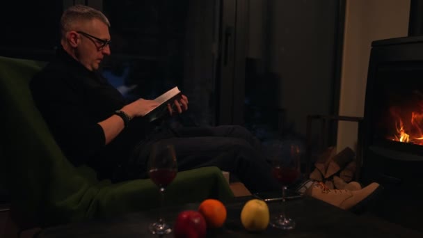 冬天的一个晚上 一个有阳台的房子里 一个男人在壁炉前的客厅里看书 — 图库视频影像