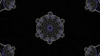 Koyu bir arkaplanda değişen çok renkli bir simetrik desen.