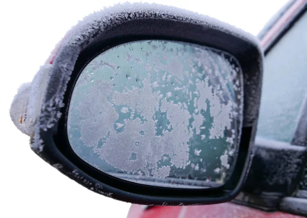 Κοντινό Πλάνο Του Παγετού Στην Αριστερή Πλευρά Καθρέφτη Αυτοκινήτου Χειμώνα Royalty Free Εικόνες Αρχείου