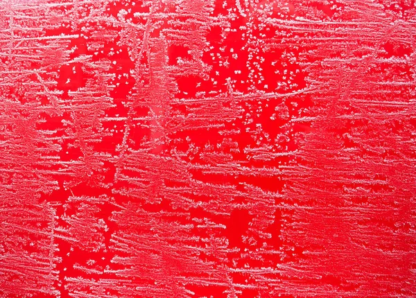 Echt Kaltes Winterwetter Weißer Frost Auf Leuchtend Rotem Hintergrund Autoseite Stockbild