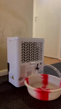 Dikey akıllı telefon, rutubetli bir ortamda kısa plastik tüp ve toplanan su drenajı için bir kase ile çalışan nemlendiriciyi yukarı kaldırır..