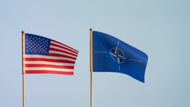 Natoと米国の孤立した旗 米国はそれほど白い背景ではなく平らな背景に対して手を振って 安全保障上のパートナーシップの象徴 スローモーション コピースペース — ストック動画