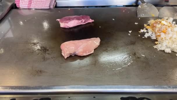 Ręce Japońskiej Restauracji Kucharz Gotowanie Kaczka Mięso Kurczaka Jajko Smażony — Wideo stockowe