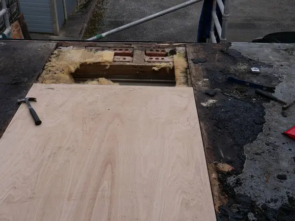 Flat Roof Renovation Working Scene Removing Old Plywood Replacing New Royalty Free Stock Photos