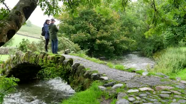 英国湖区国家公园 一对成熟的夫妇站在山溪上古老的小石拱桥上聊天和拍照 — 图库视频影像