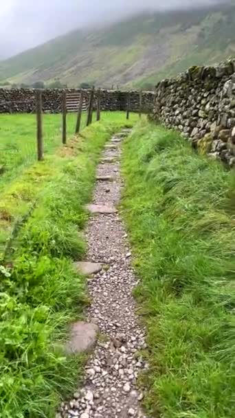 個人的なPov 霧に覆われた山の谷の羊の牧草地の石壁の間の歩く砂利の足跡のポイント — ストック動画