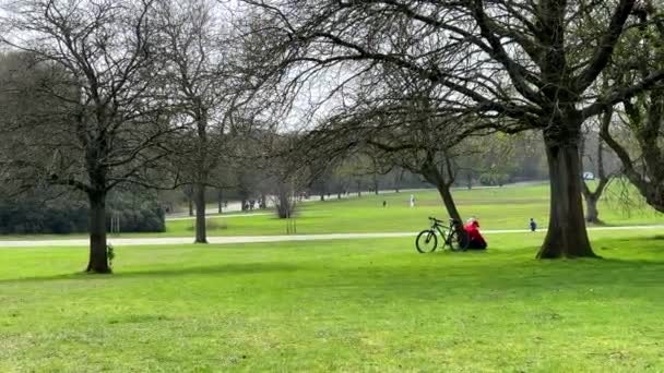 Рання Весняна Сцена Міському Парку Чоловік Велосипедом Сидить Дереві Парку — стокове відео