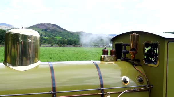 Close Green Colour Steam Train Engine Top Mountain Landscape — Stock video