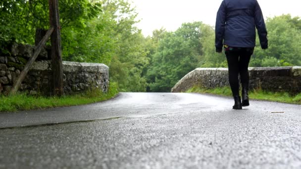 Rural Scene Woman Rain Walking Fast Stone Bridge Disappearing Bend — Stock Video