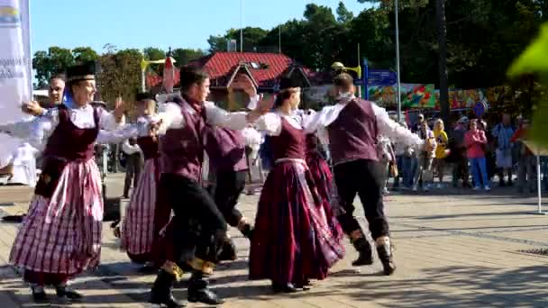 立陶宛帕兰加 在一个受欢迎的旅游胜地的一个小广场上 在传统的户外舞蹈节期间 身着立陶宛传统服装的成熟舞蹈团在户外表演立陶宛舞蹈 — 图库视频影像