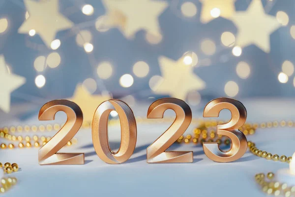 2023年的金牌数在淡淡的背景上放上带有Bokeh的节日花环 祝您新年快乐 有星星的贺卡 — 图库照片
