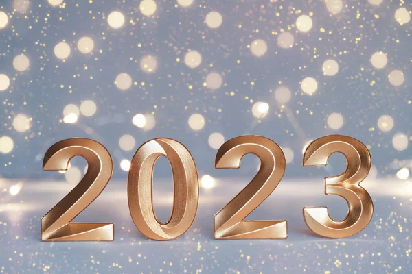 2023 Yılının Altın Sayıları Işık Arka Planında Bokeh Olan Işıltılı — Stok fotoğraf