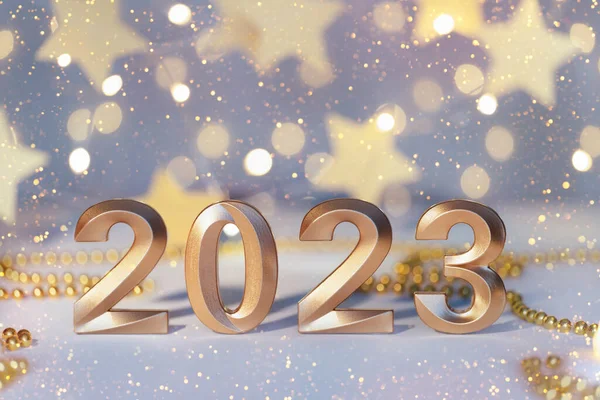 Золотые Цифры 2023 Года Светящиеся Праздничные Гирлянды Боке Светлом Фоне — стоковое фото