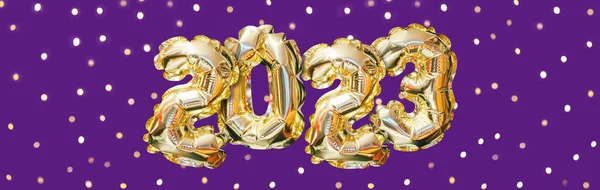 Helium Zlatý Balón Číslo Roku2023 Zářící Slavnostní Věnce Bokeh Fialovém — Stock fotografie