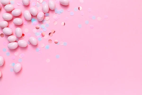 Bunch Candy Eggs Pink Background Minimal Easter Concept Copy Space Stockfoto