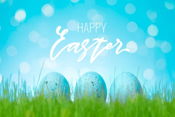 Decorated Easter Blue Eggs Grass Concept Easter Egg Hunt Background — Stockfoto