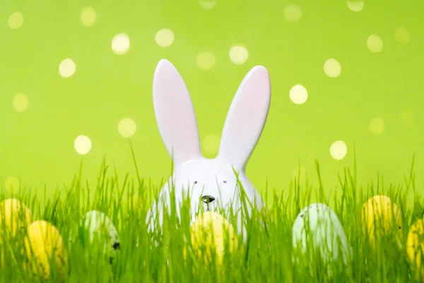 イースターエッグハント ウサギと牧草地や緑の背景に卵の束 コピースペース付きのWebバナー パーティーフライヤー グリーティングカードのテンプレート — ストック写真