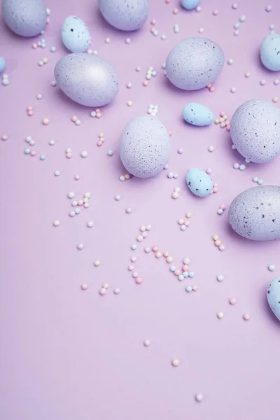 Bunch Colorful Eggs Dots Purple Background Minimal Easter Concept Copy — Photo