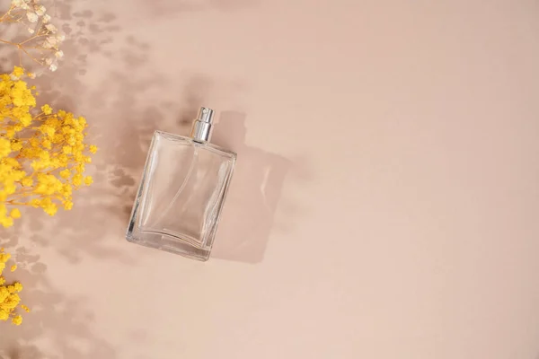 Transparent Bottle Perfume Beige Background Fragrance Presentation Daylight Trending Concept — ストック写真