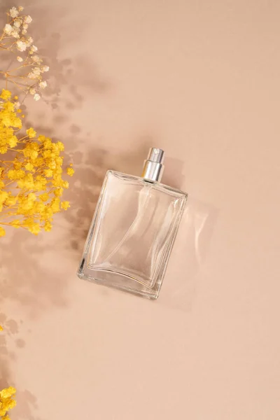Glass Bottle Perfume Beige Background Fragrance Beige Table Yellow Gypsophila lizenzfreie Stockbilder