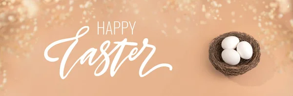 Easter Concept Happy Easter Lettering Eggs Beige Background Nest Containing — Stockfoto