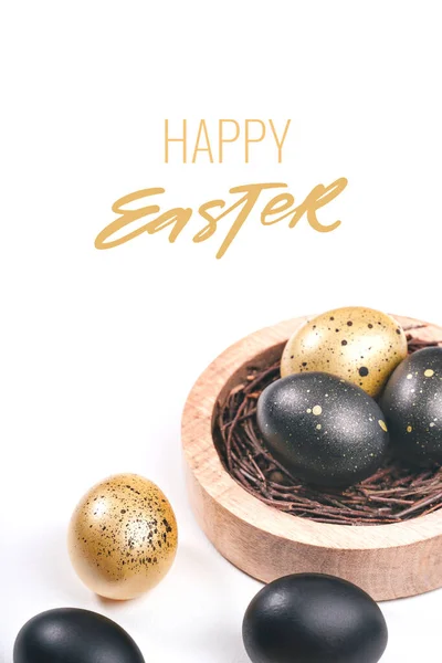 Happy Easter Greeting Card Eggs Painted Black White Background Nest Foto Stock Royalty Free