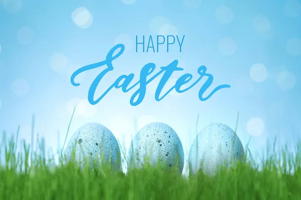 Postcard Flyer Happy Easter Lettering Decorated Easter Blue Eggs Grass — Stock Photo, Image