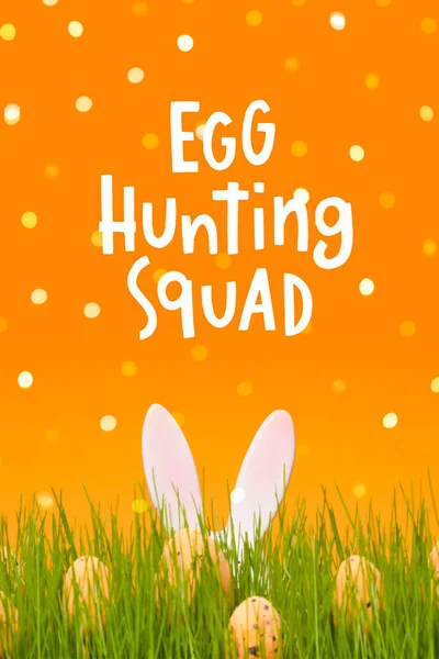 Trendy hand lettering Egg hunting squad. Phrase for creative poster design. Bunny rabbit ears and bunch of eggs on green meadow and orange background.