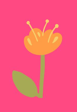 Parlak bir çiçek, parlak bir arkaplan ve yaprak deseni var. El çizimi basit botanik çizimi