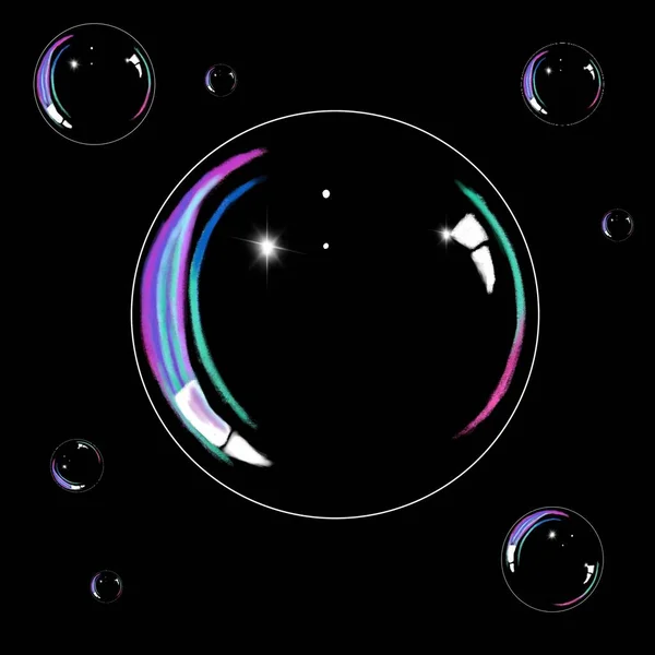现实的肥皂泡沫与彩虹反射设置隔离在一个黑色背景 — 图库照片