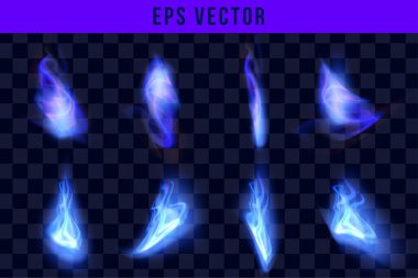 Siyah arkaplan izole edilmiş vektör illüstrasyonunda mavi yangın alevleri farklı form ve boyutlar kümesi