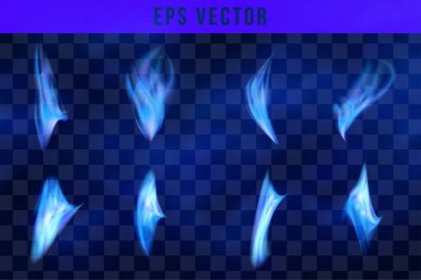 Siyah arkaplan izole edilmiş vektör illüstrasyonunda mavi yangın alevleri farklı form ve boyutlar kümesi