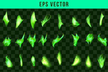Sihirli yeşil alev. Siyah arka planda izole edilmiş gerçekçi bir yangın. Tasarım ve dekorasyon için kıvılcımlar saçan özel yanan ışık efekti. Vektör İllüstrasyonu