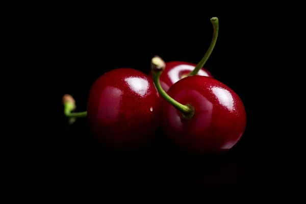 Red Cherry Berries Black Background Mirror Three Cherries —  Fotos de Stock