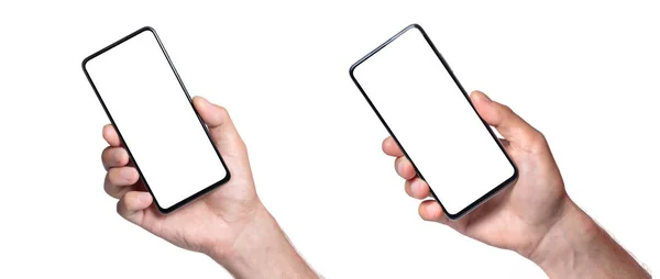 Man Hand Hålla Den Svarta Smartphone Tom Skärm Med Modern — Stockfoto