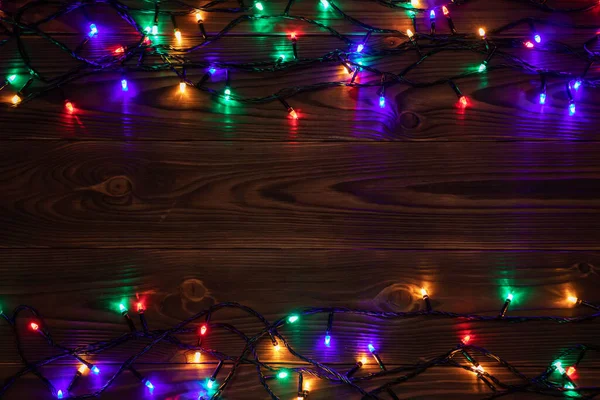 Karácsonyi Fények Háttér Másol Hely Holiday Fényes Garland Határ Felülnézet — Stock Fotó