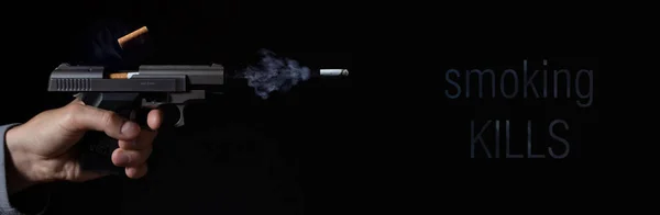 Concept Harm Smoking Smoking Kills Gun Shooting Cigarette Black Background — Foto de Stock