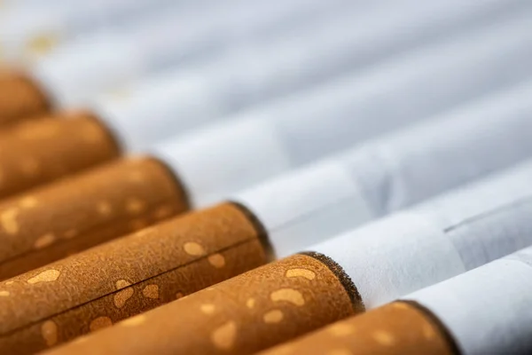 Cigarros Filtro Empilhados Padrão Fecho Macro Conceito Dependência Fumar Fundo — Fotografia de Stock
