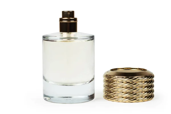 Parfüm Palack Elszigetelt Fehér Háttér Közelről — Stock Fotó