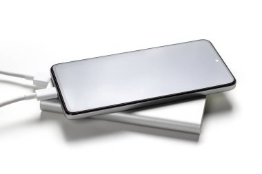 Smartphone charger with powerbank on white background.